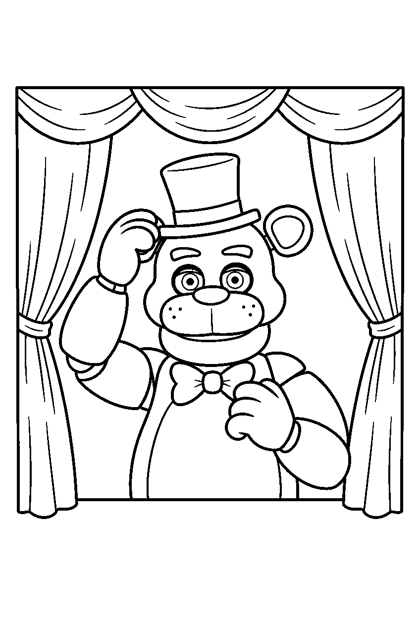 freddy fazbear showing his top hat and bow tie in a portrait framed by stage curtains line art