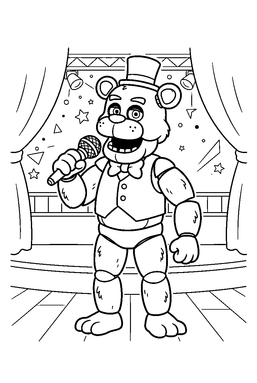 freddy fazbear singing into a handheld microphone at the center of the main pizzeria stage line art