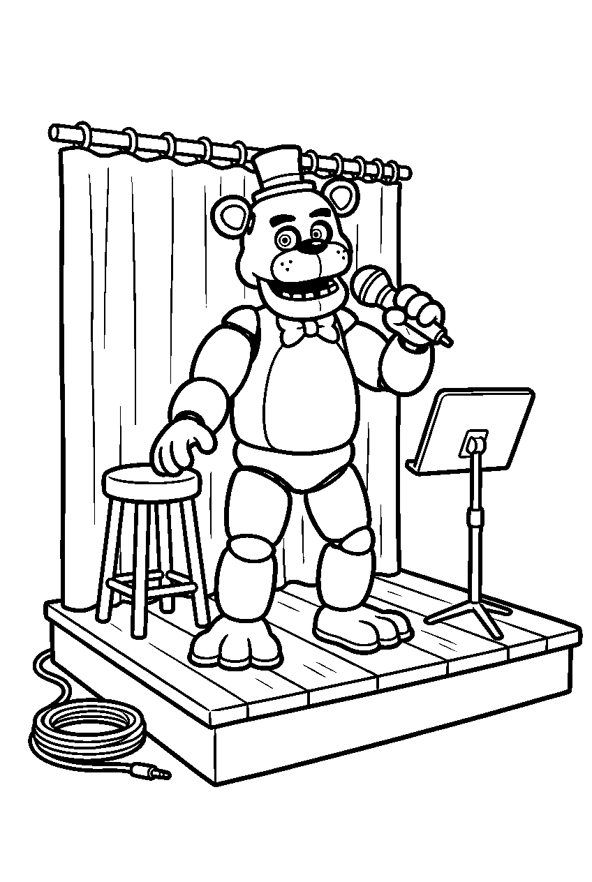 freddy fazbear singing on a small rehearsal platform inside the backstage music room line art