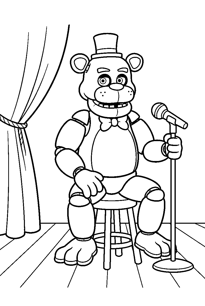 freddy fazbear sitting on a rehearsal stool with his microphone beside the stage curtain line art