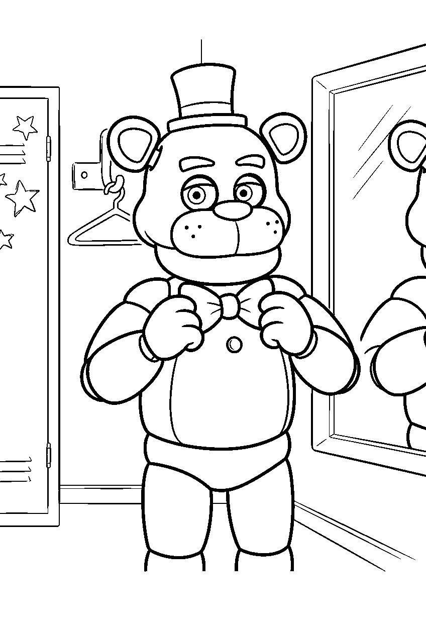 freddy fazbear straightening his bow tie beside the mirror in the backstage dressing area line art