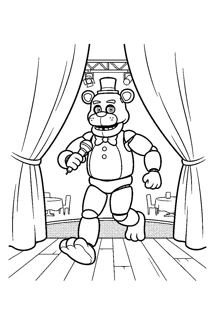 freddy fazbear taking a large step through the curtains onto the main stage line art