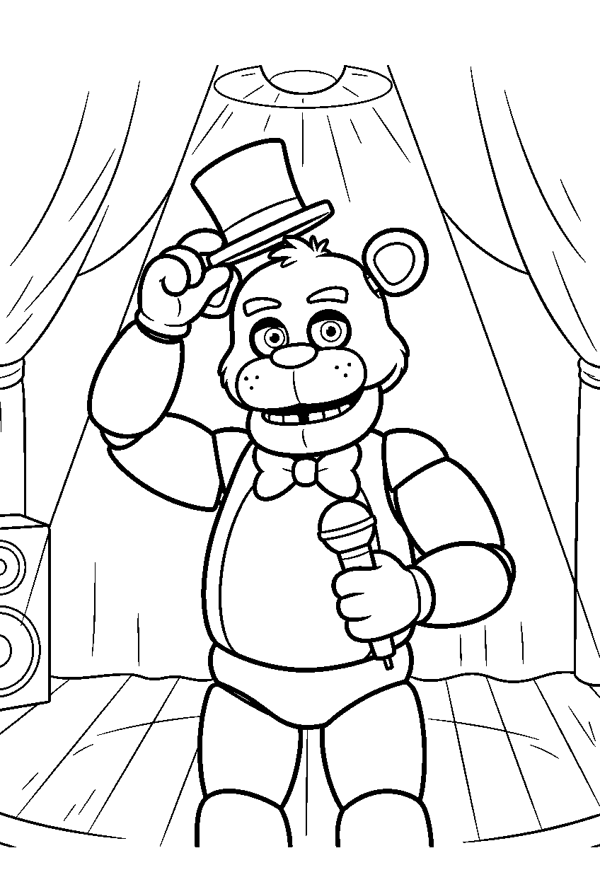 freddy fazbear tipping his top hat beneath a spotlight on the main pizzeria stage line art