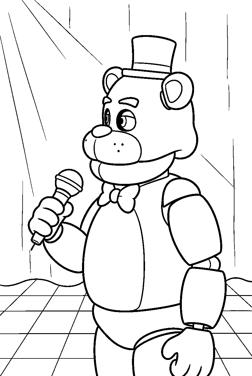 freddy fazbear turning toward the spotlight with a microphone on the checkerboard stage line art