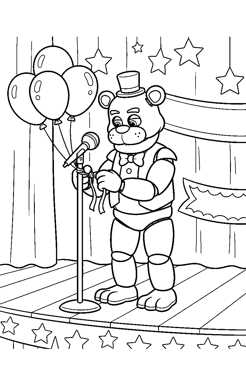 freddy fazbear tying balloons to a microphone stand on the decorated party stage line art