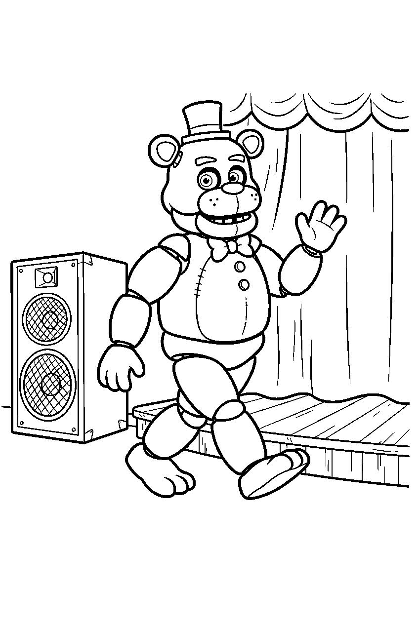 freddy fazbear walking past speaker props before a performance on the pizzeria stage line art