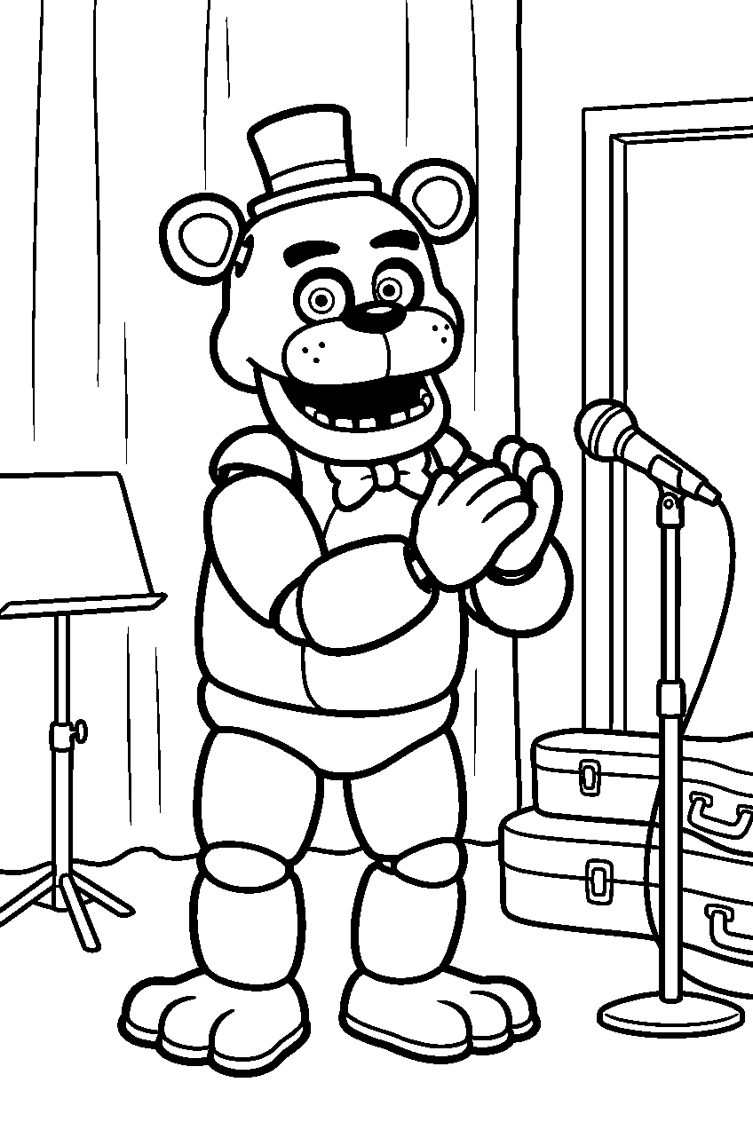 happy freddy fazbear clapping after rehearsal in the backstage music room line art