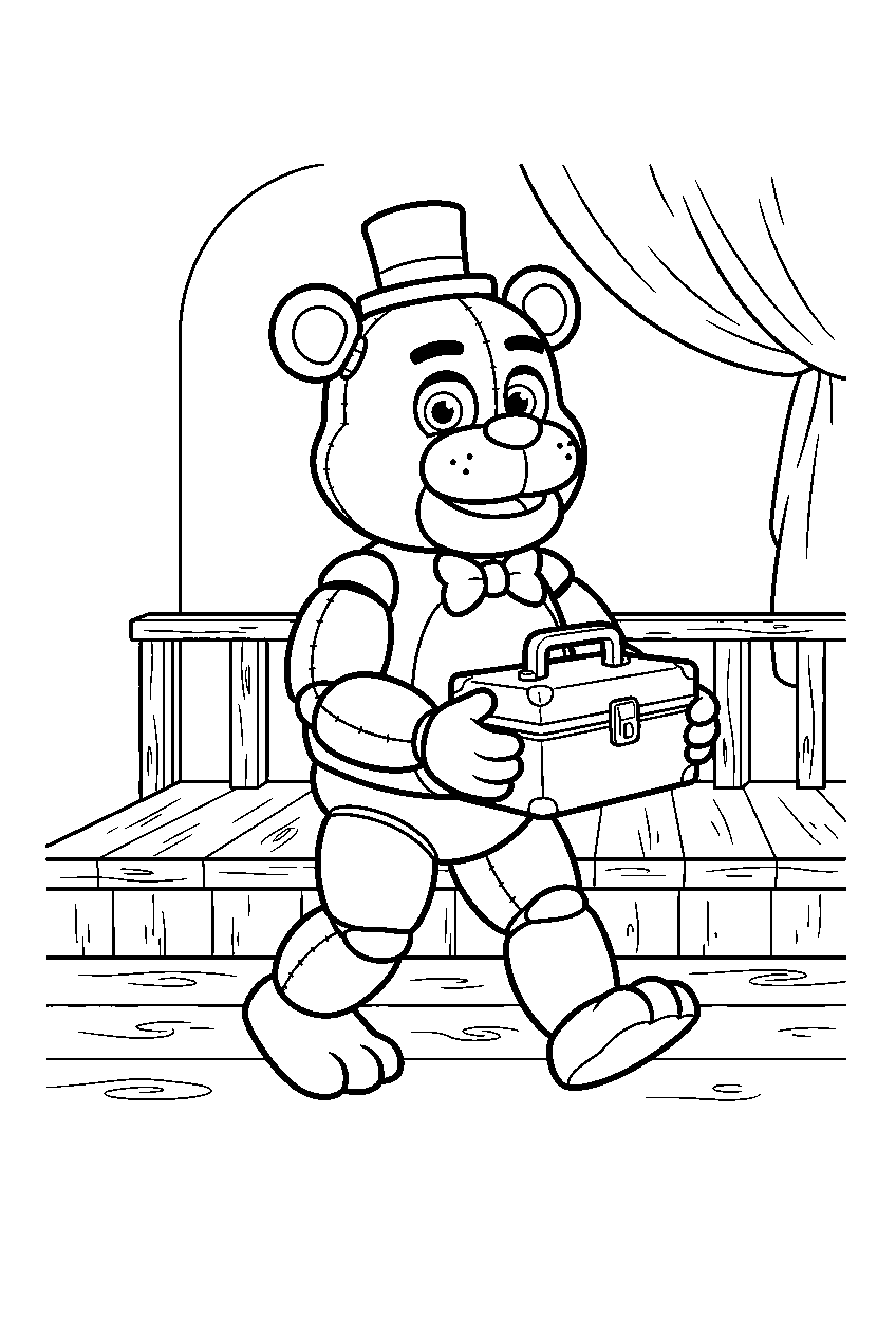 little freddy fazbear carrying a small microphone case across the rehearsal platform line art