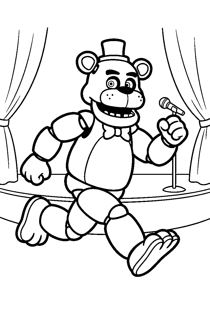 running freddy fazbear crossing the main pizzeria stage during rehearsal line art