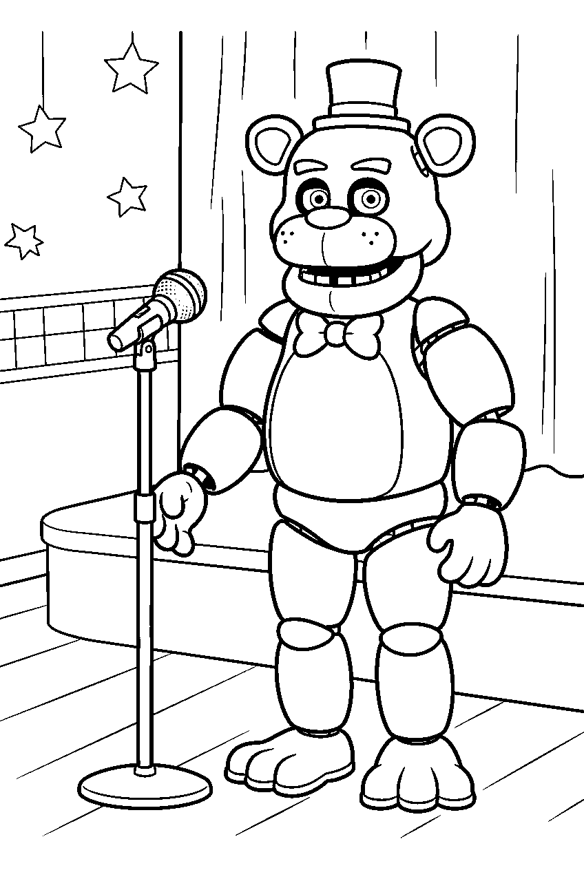 smiling freddy fazbear standing beside a microphone stand in the party room line art