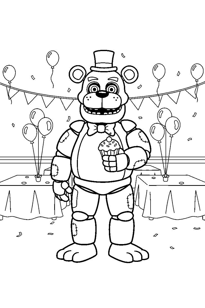 fnaf golden freddy animatronic holding a small item near party tables line art