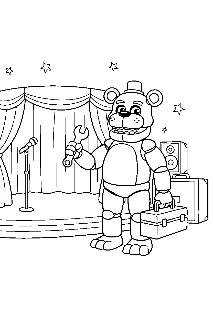 fnaf golden freddy animatronic holding equipment near a stage line art