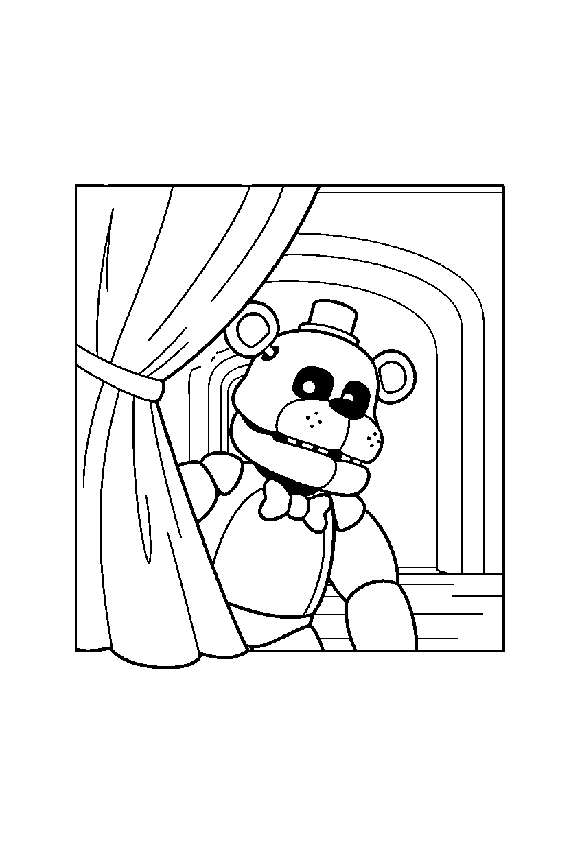 fnaf golden freddy animatronic observing from a distance near a curtain line art