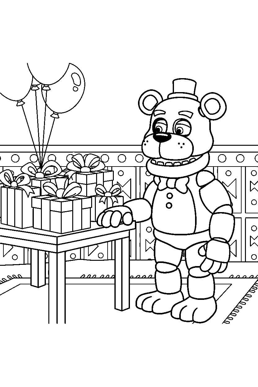 fnaf golden freddy animatronic observing near a gift table line art