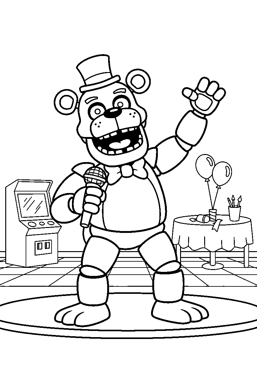 fnaf golden freddy animatronic performing proudly in a game room line art