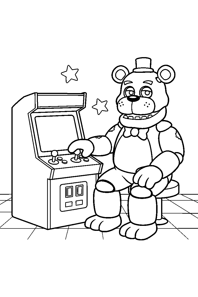 fnaf golden freddy animatronic posing calmly near a game machine line art