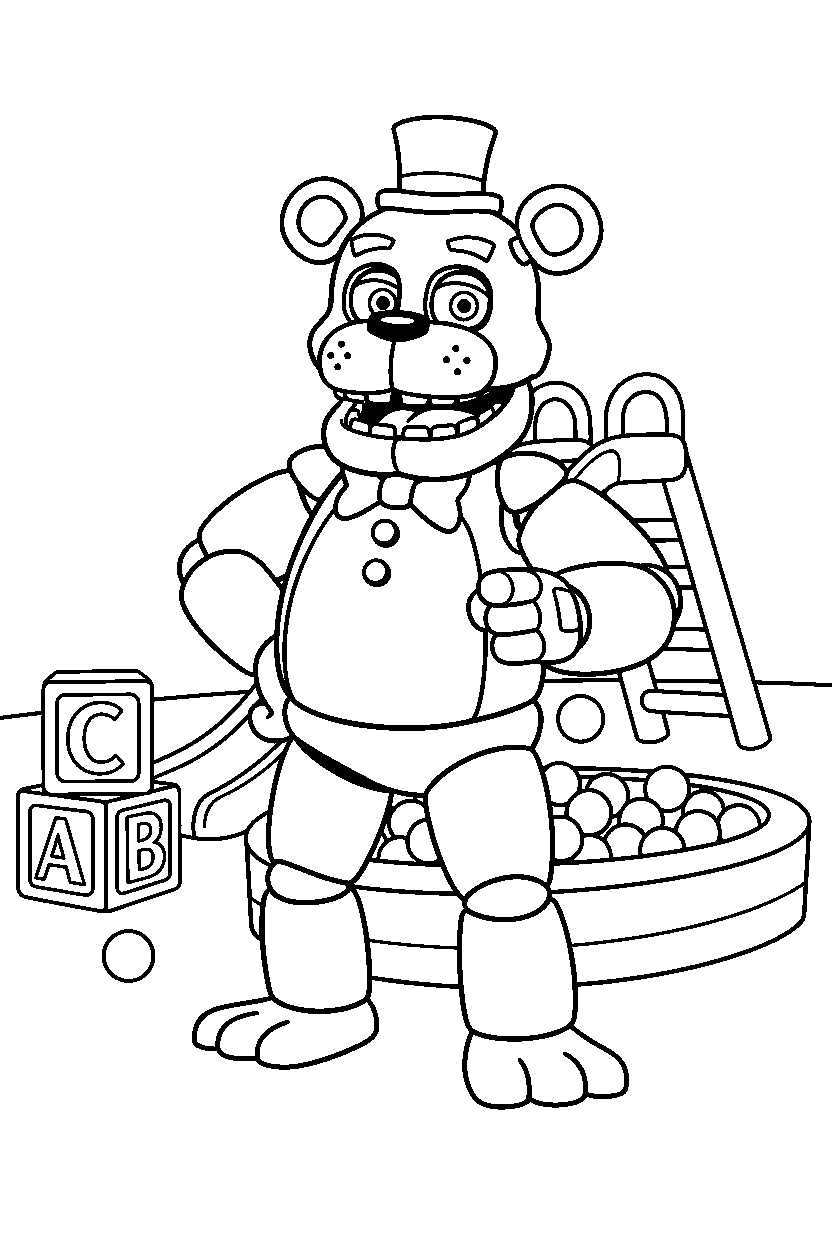 fnaf golden freddy animatronic posing confidently in a play area line art