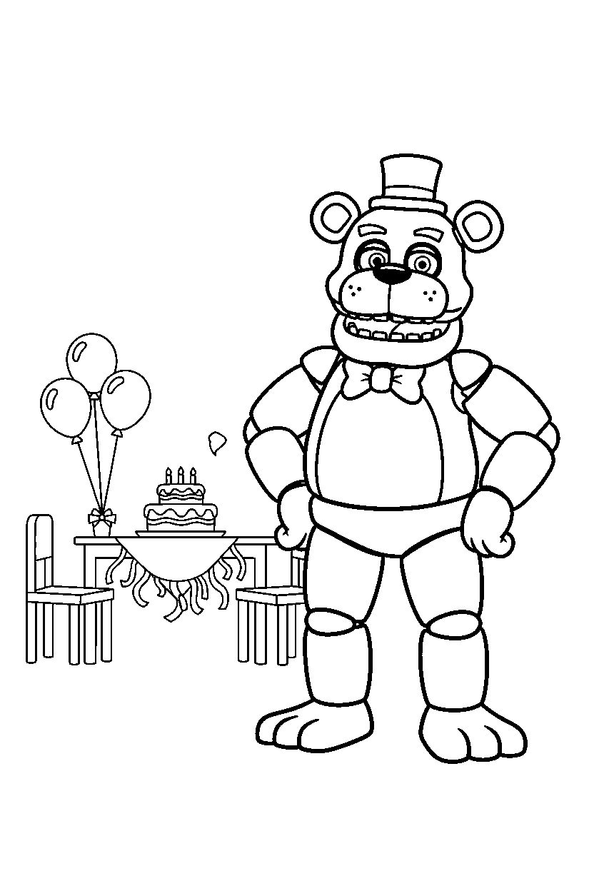 fnaf golden freddy animatronic standing confidently near a party setup line art