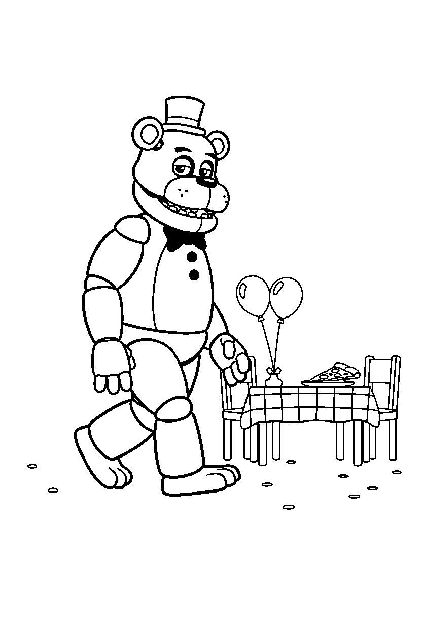 fnaf golden freddy animatronic walking slowly near a party setup line art