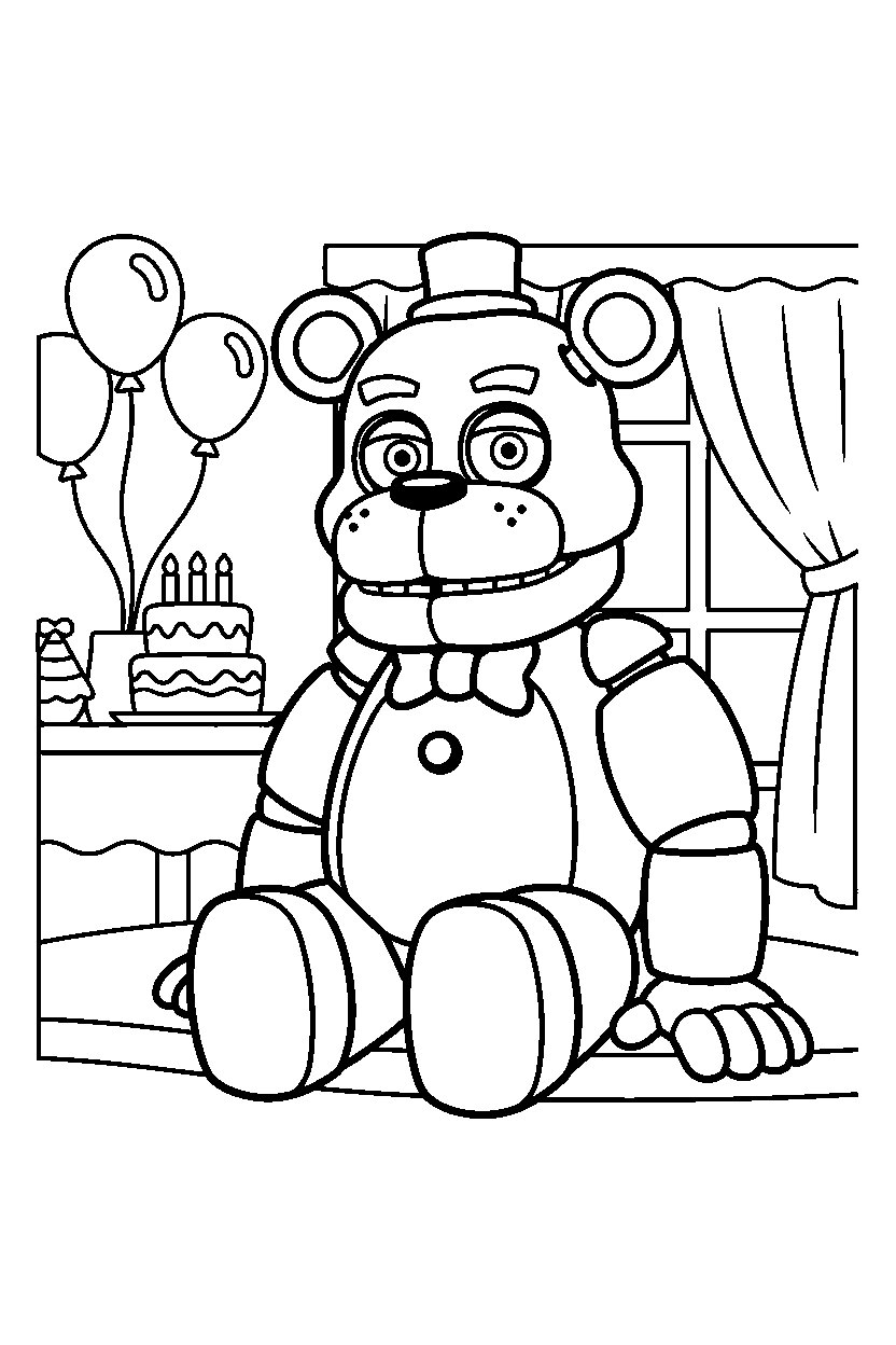 fnaf golden freddy animatronic watching attentively in a party room line art