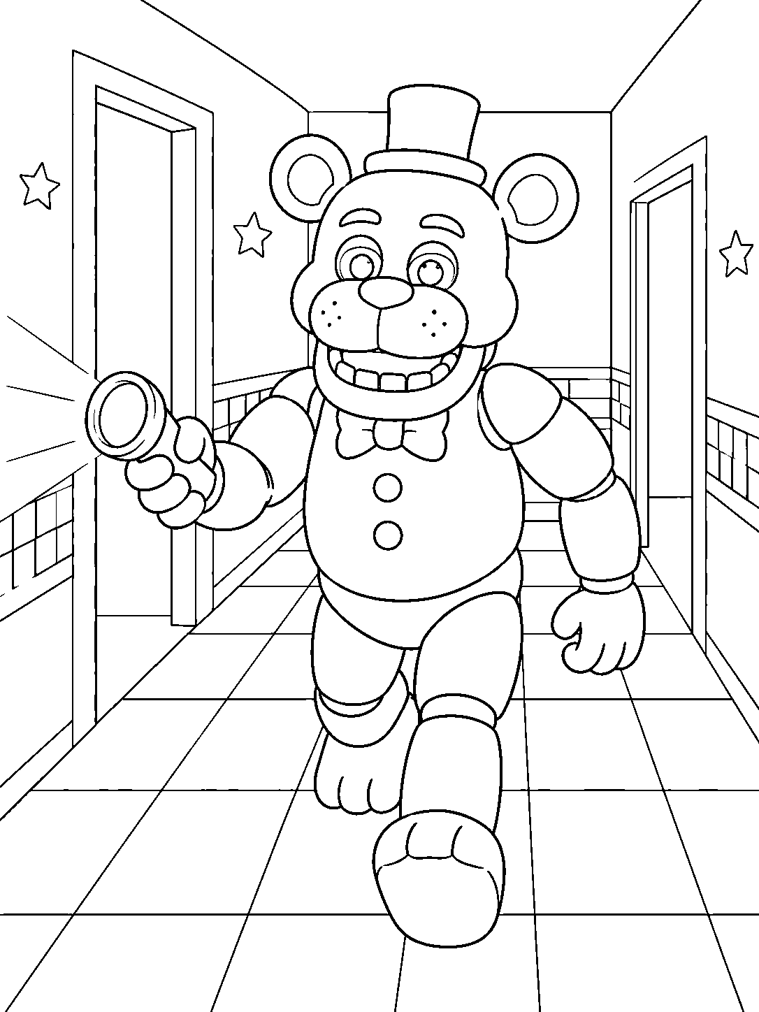 fnaf golden freddy exploring in dark hallway line art