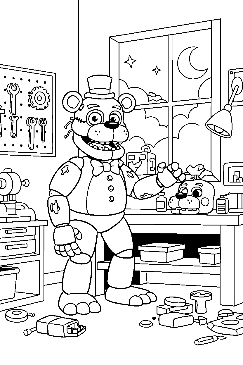 fnaf golden freddy exploring in workshop line art
