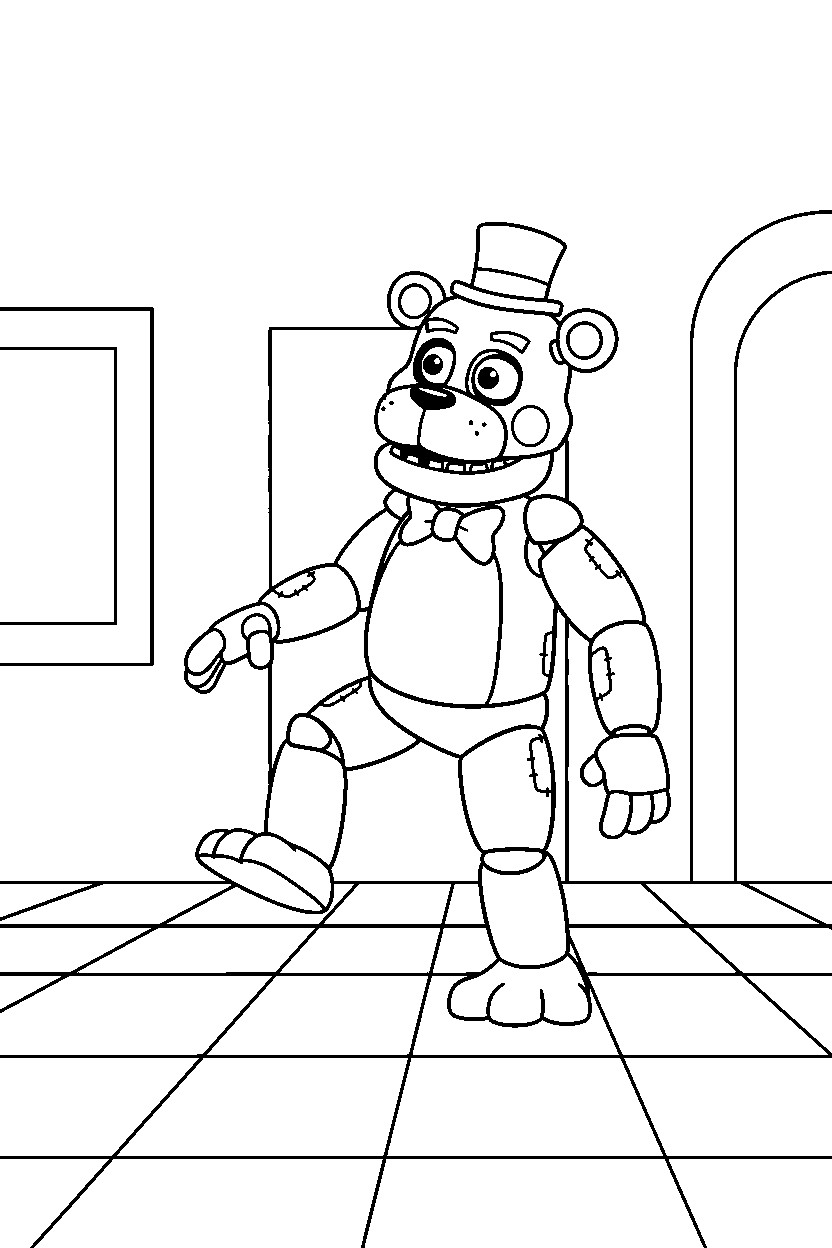 fnaf golden freddy exploring on tiled floor line art