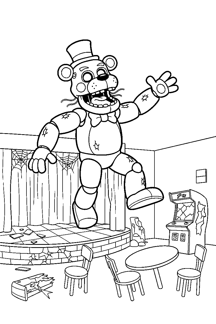 fnaf golden freddy jumping in abandoned pizzeria line art