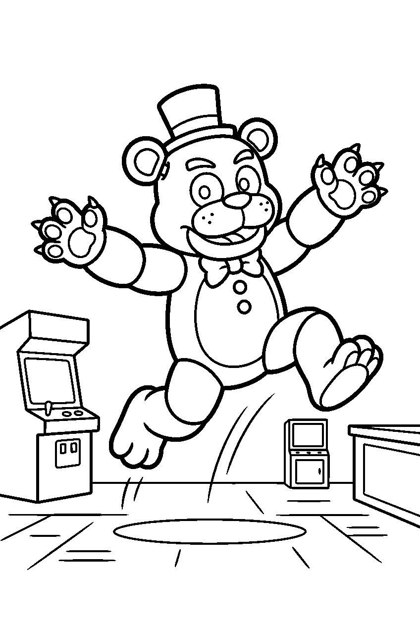 fnaf golden freddy jumping in arcade room line art
