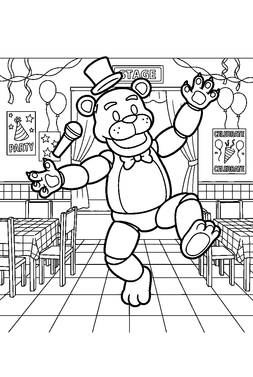 fnaf golden freddy jumping in dining area line art