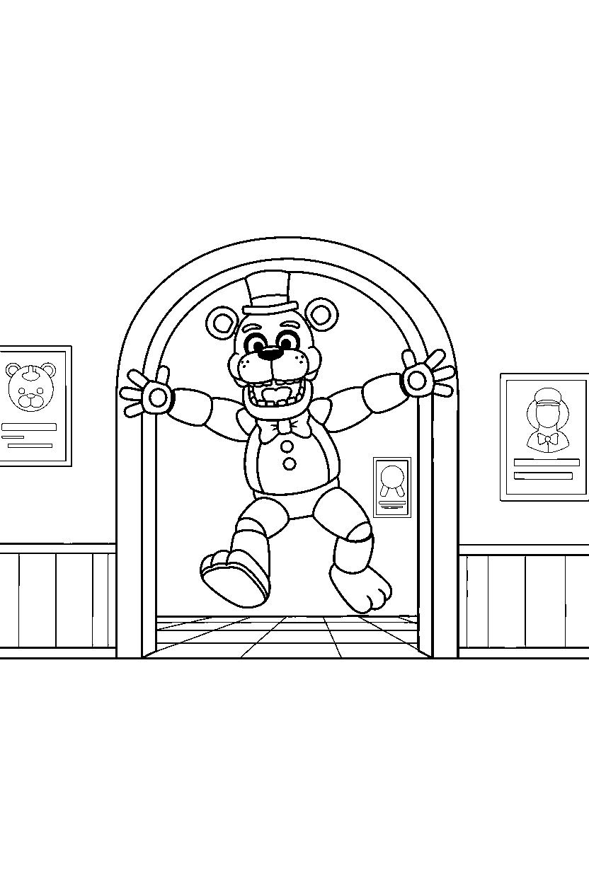 fnaf golden freddy jumping in entrance area line art