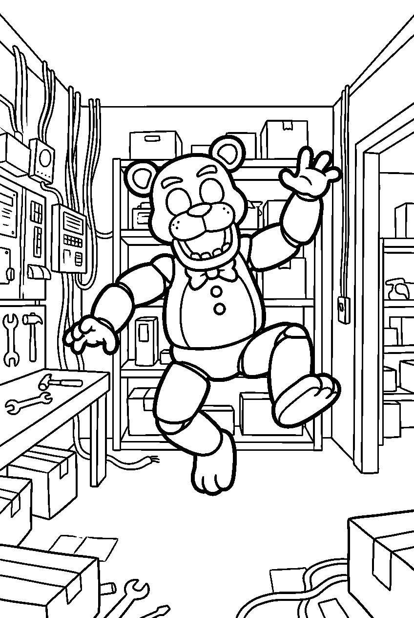 fnaf golden freddy jumping in maintenance room line art