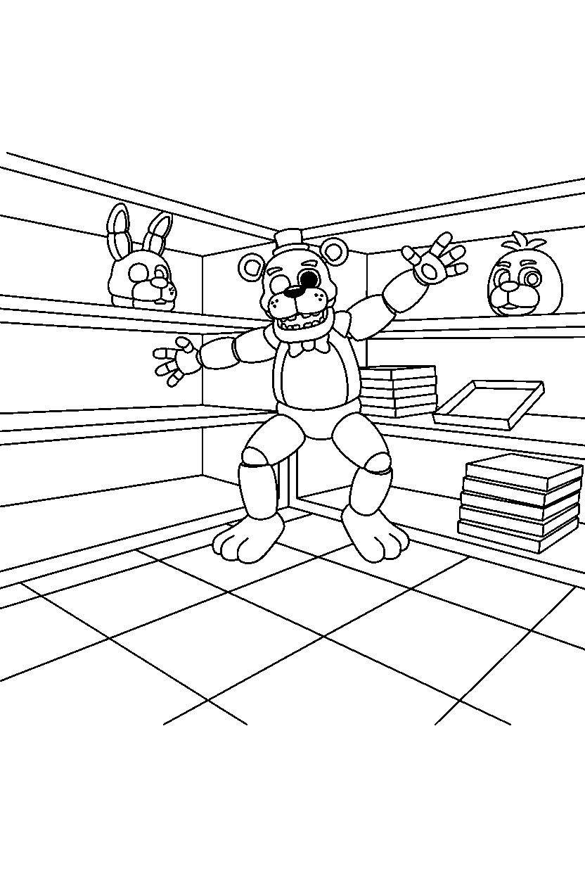 fnaf golden freddy jumping in mascot room line art