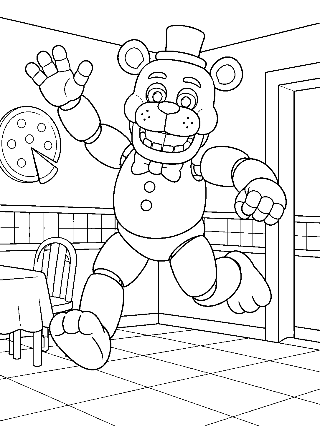 fnaf golden freddy jumping in pizza restaurant line art