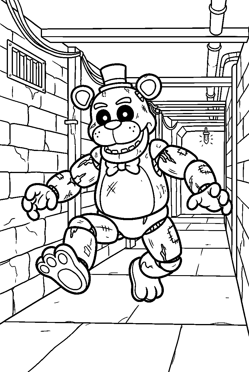fnaf golden freddy jumping in underground hallway line art