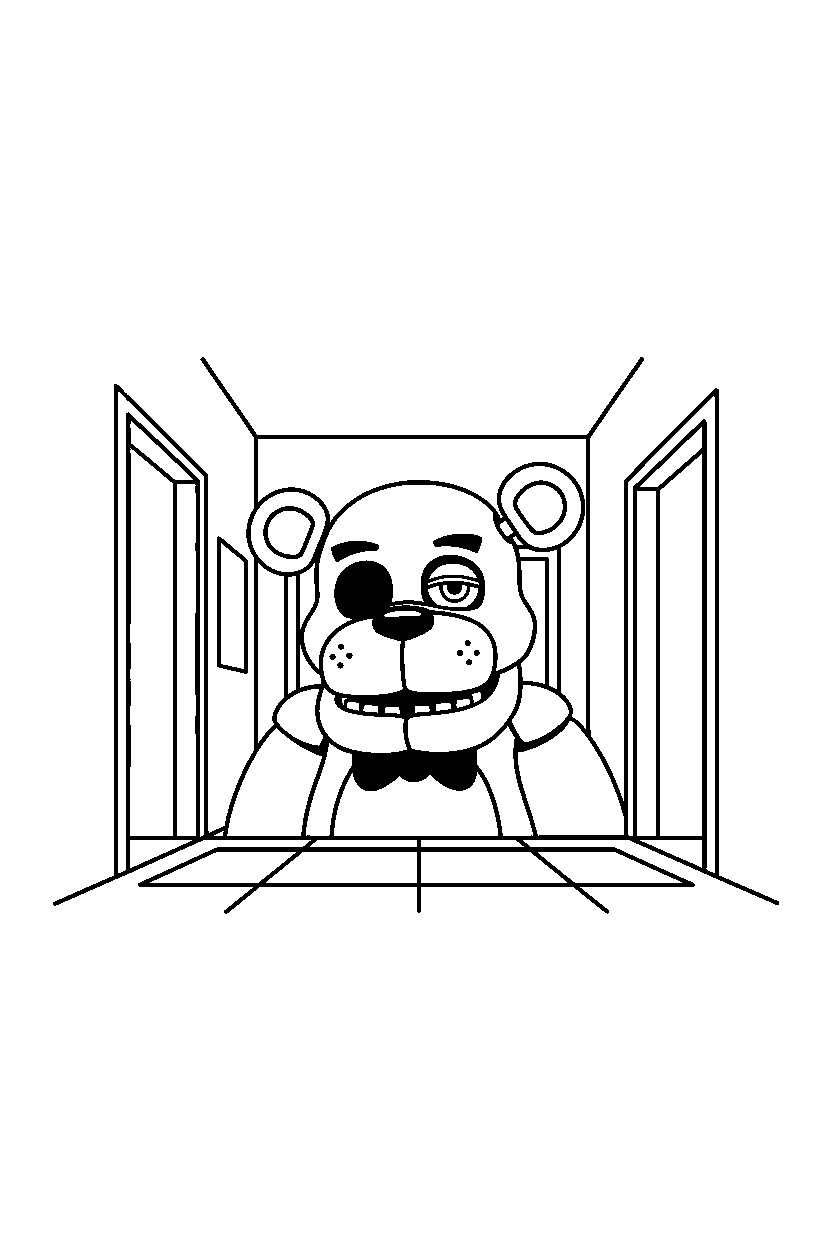 fnaf golden freddy observing in narrow hallway line art