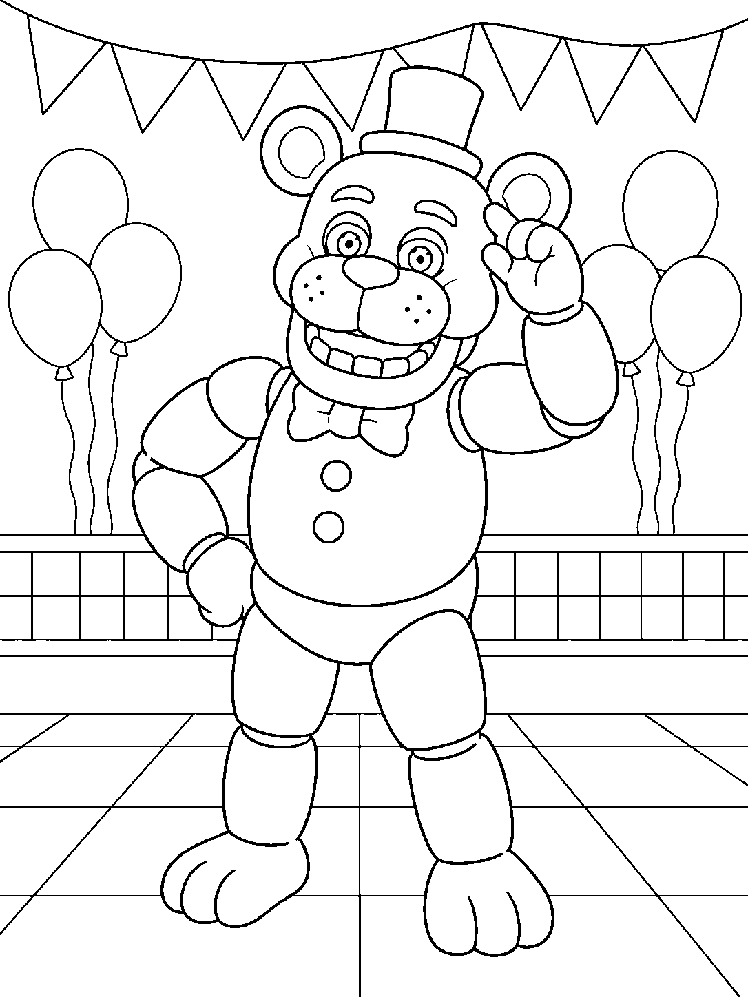 fnaf golden freddy posing in party room line art