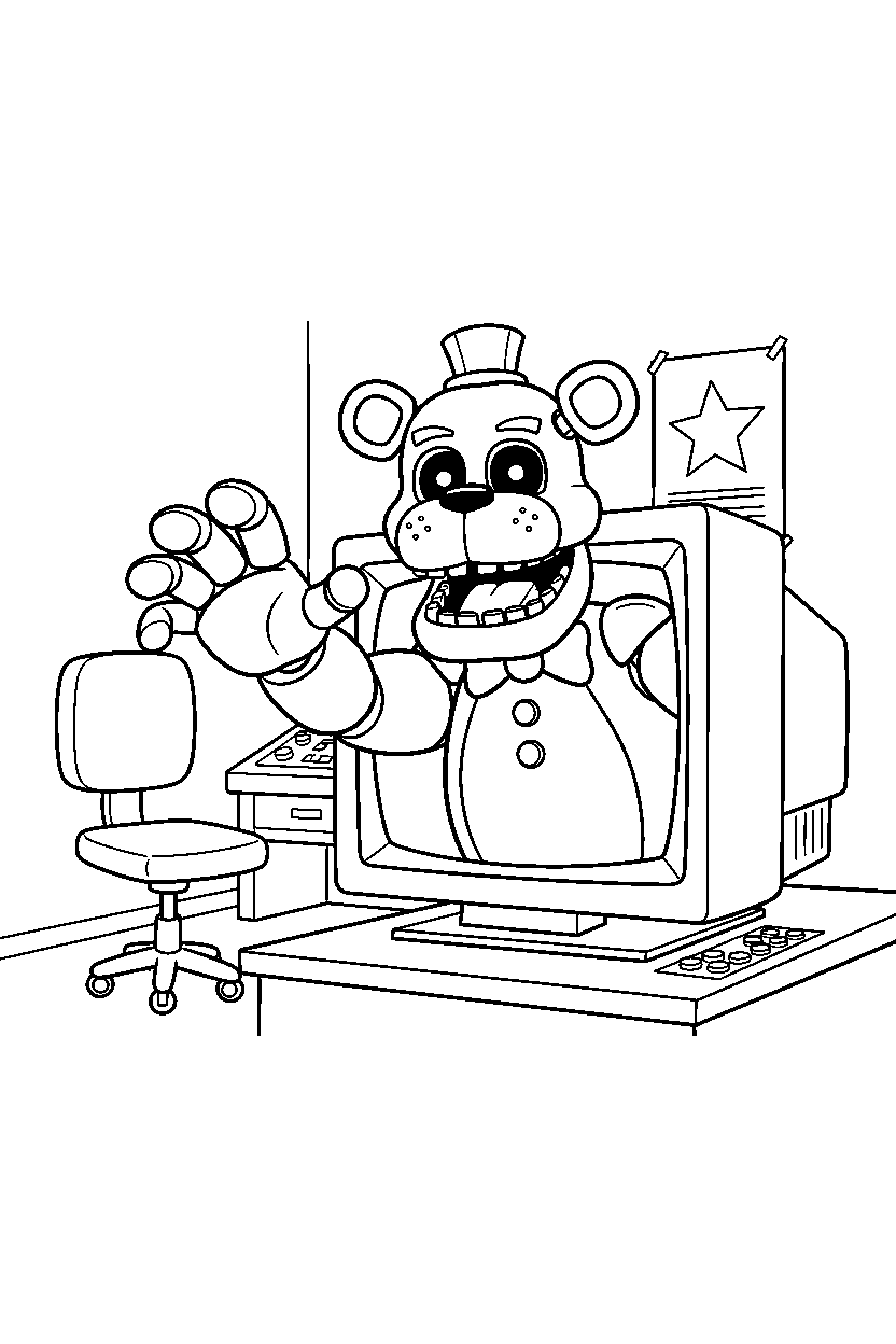 fnaf golden freddy reaching in monitor room line art