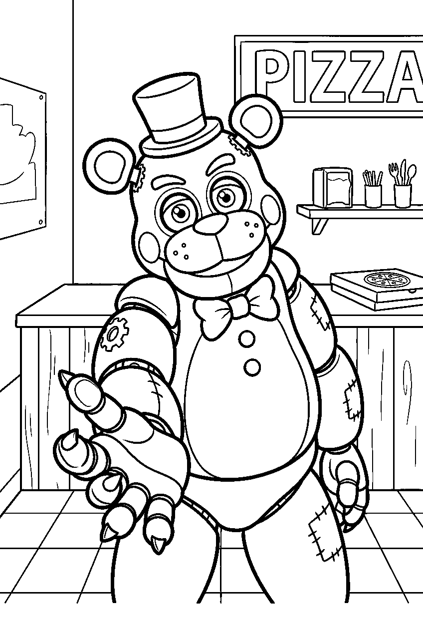 fnaf golden freddy reaching in pizza restaurant line art