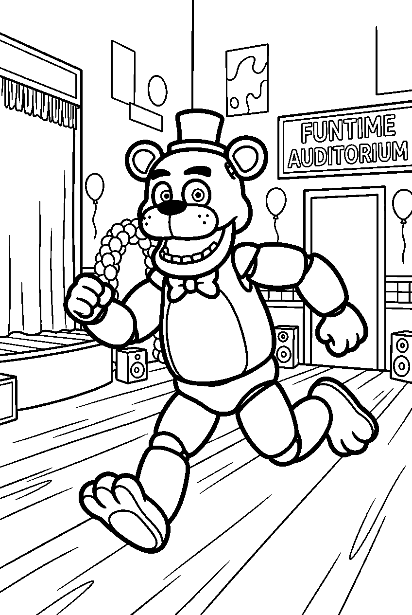 fnaf golden freddy running in funtime auditorium line art