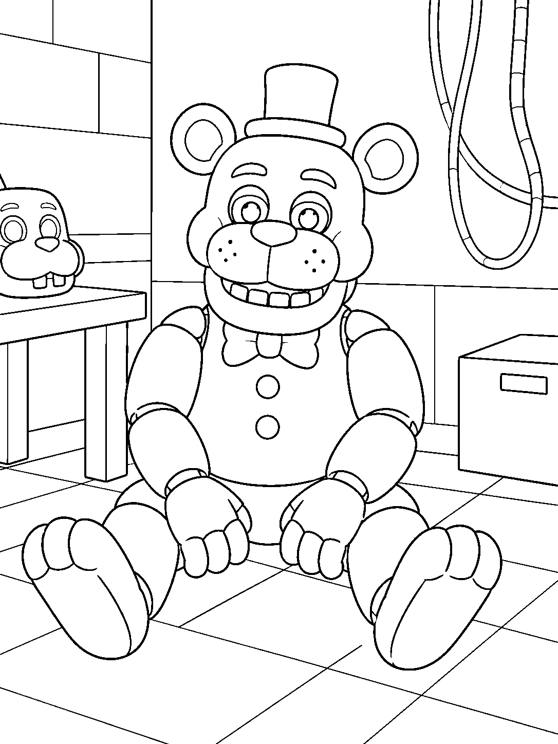 fnaf golden freddy sitting in backstage room line art