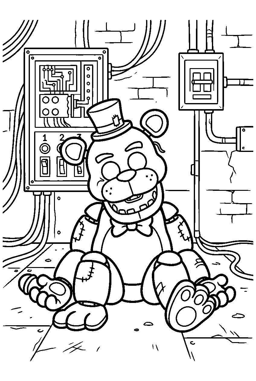 fnaf golden freddy sitting in breaker room line art