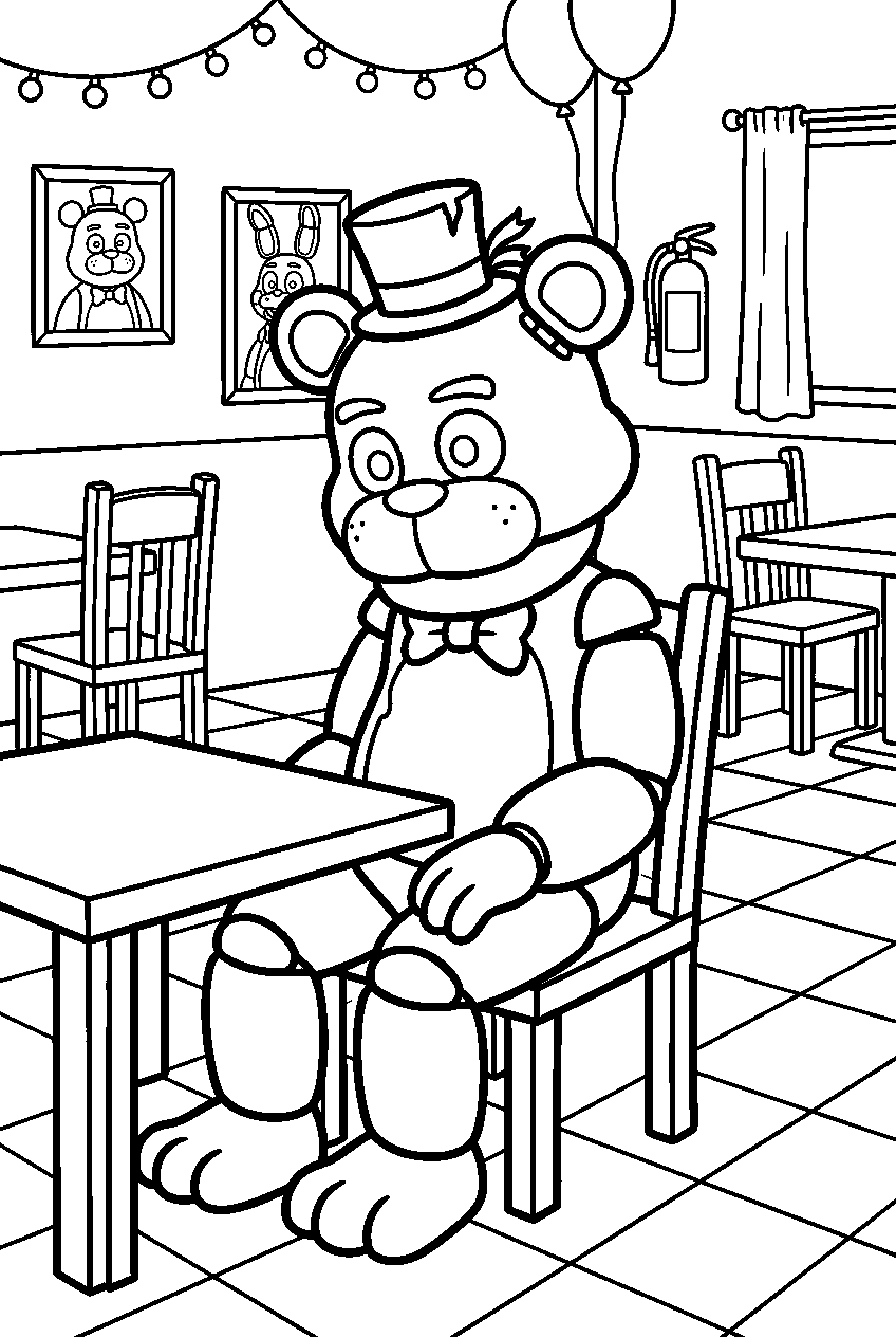 fnaf golden freddy sitting in dining area line art