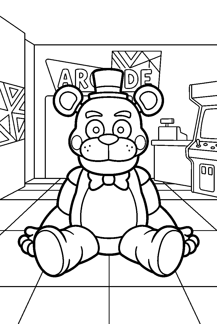fnaf golden freddy sitting in mega pizzaplex line art
