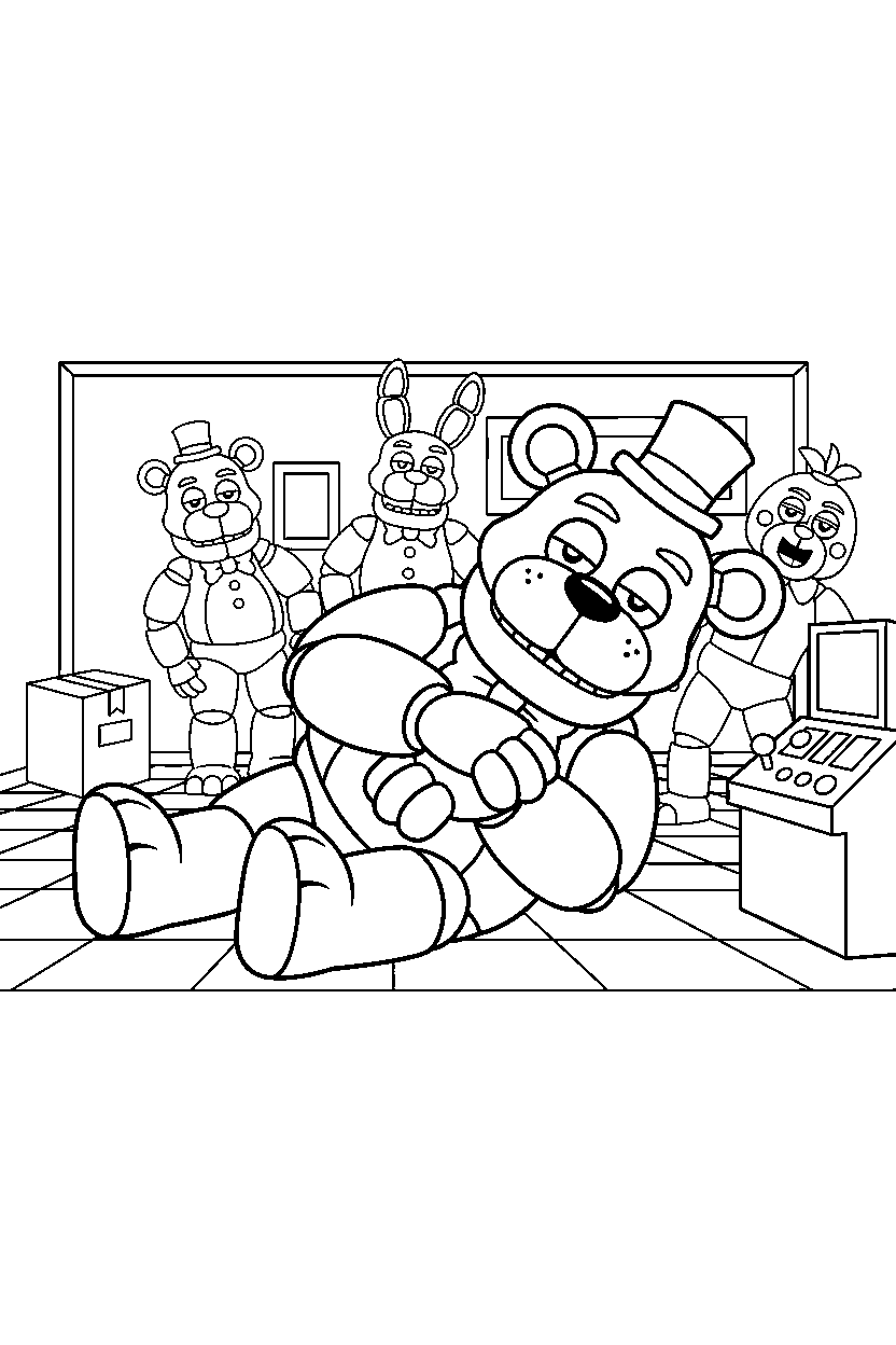 fnaf golden freddy sleeping in animatronic room line art