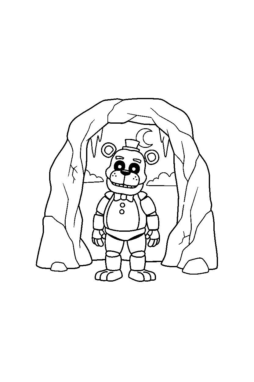 fnaf golden freddy standing calmly in cave line art