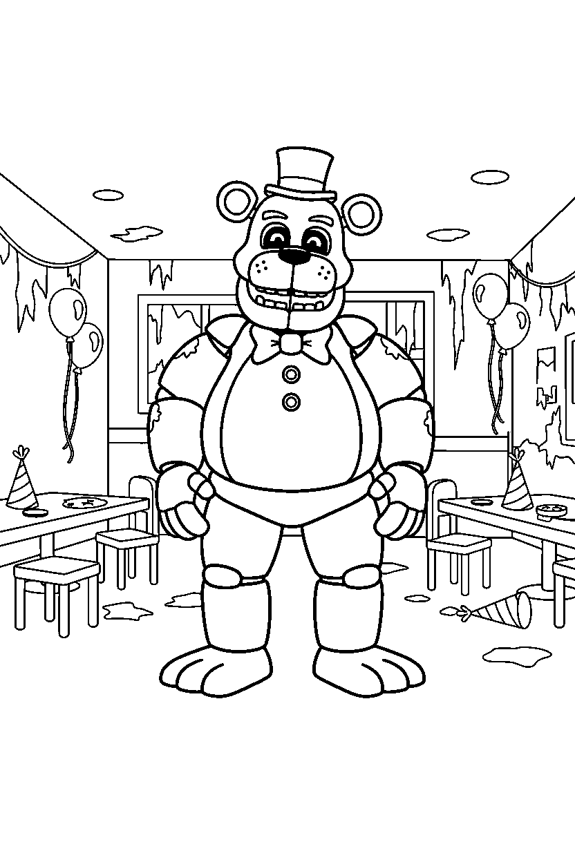 fnaf golden freddy standing confidently in old party room line art