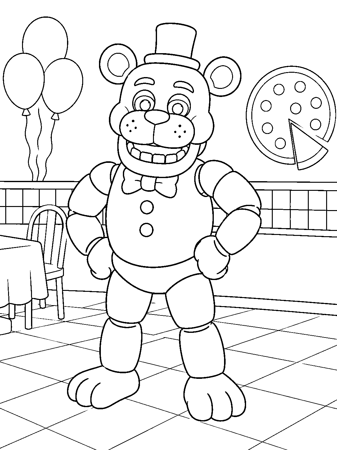 fnaf golden freddy standing confidently in pizza restaurant line art