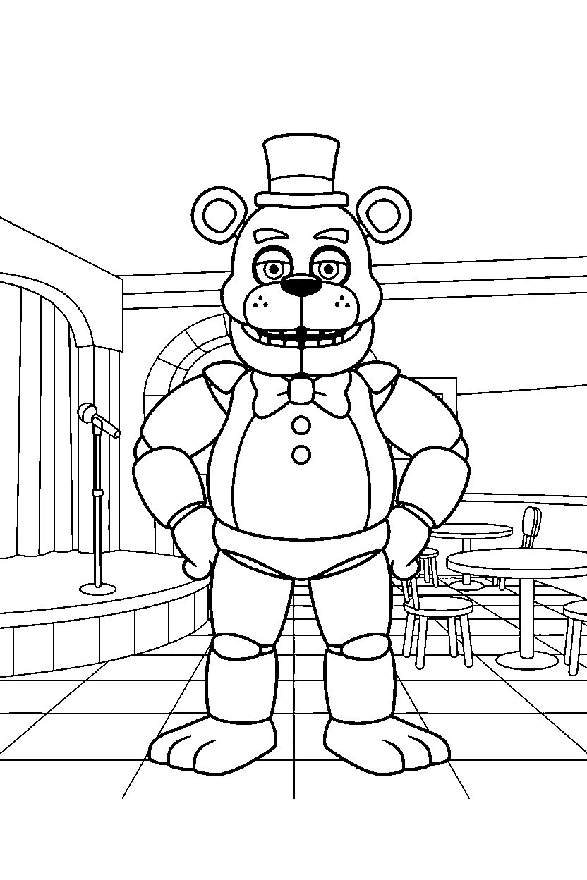 fnaf golden freddy standing confidently in pizzeria line art