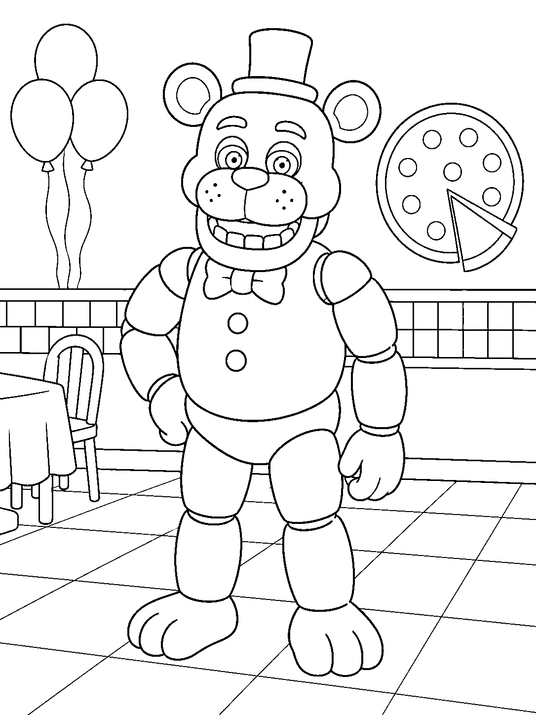 fnaf golden freddy standing in pizza restaurant line art